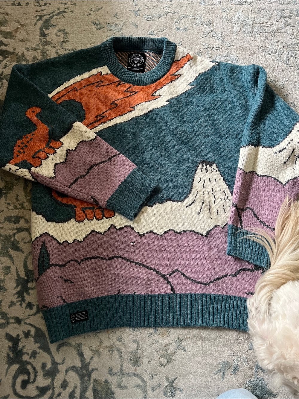 Graphic Landscape Crewneck Sweater in Teal, Lavender & Cream